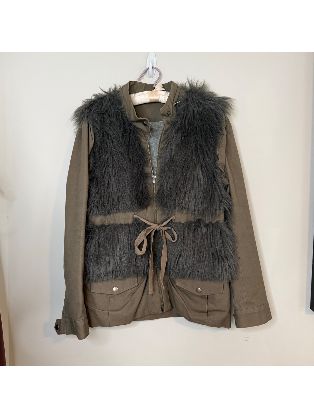 Loeffler Randall Olive Utility Jacket Faux Fur Panel Cinched Waist